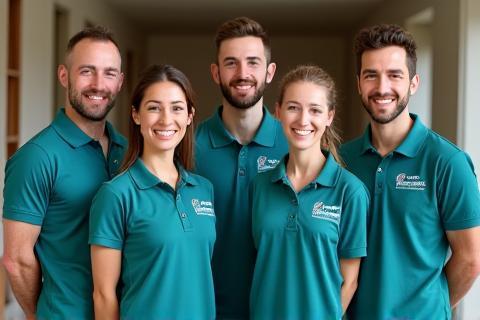 Équipe souriante de PropreChezVous en uniforme prêt à intervenir à Lyon